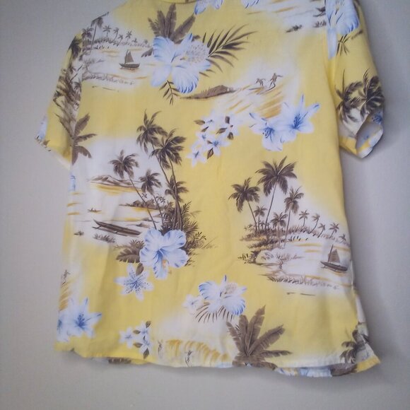Gloria Vanderbilt Shirt Blouse S Button Short Sleeve Tropical Beach Yellow Brown - Picture 12 of 15